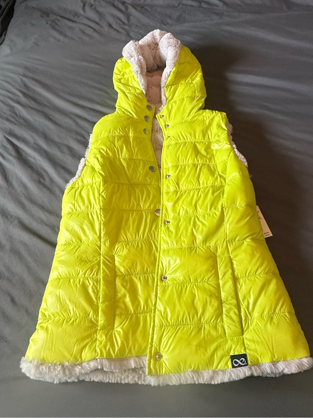 Womans' Neon Yellow Hooded Puffer Vest with Faux Fur Lining